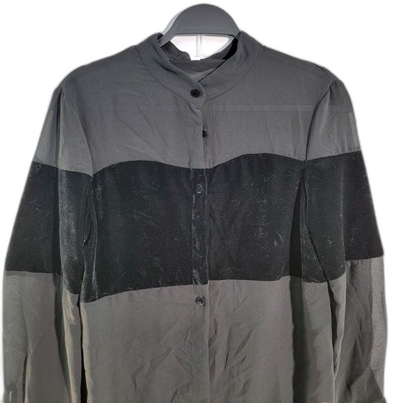 Black-Gray Contrast Mesh Button Front Long Sleeve Casual Shirt For Women Medium - Picture 2 of 8